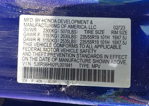 2023 Honda Cr-V Hybrid Sport Touring z USA, uszkodzony, nr VIN 5J6RS6H92PL001841